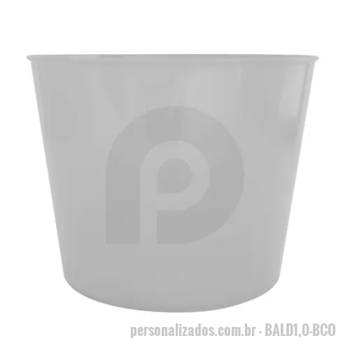 Brindes em Geral personalizado - Plástico PP. Capacidade: 1 litro. Medidas: 13 cm de diâmetro (boca), 10,1 cm de diâmetro (base) e 9,5 cm de altura. Peso: 55 gramas. Diversas cores disponíveis. Opção para personalização em serigrafia e transfer. Produto utilizado com frequência em campanhas promocionais. Verificar cores disponíveis.