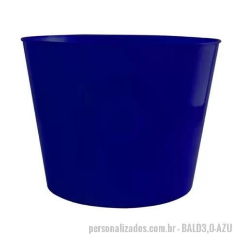 Brindes em Geral personalizado -  Plástico PP. Capacidade: 3 litros. Medidas: 19,5 cm de diâmetro (boca), 14,8 cm de diâmetro (base) e 14,6 cm de altura. Peso: 76 gramas. Diversas cores disponíveis. Opção para personalização em serigrafia e transfer. Produto utilizado com frequência em campanhas promocionais. Verificar disponibilidade de cores.