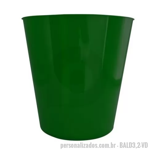 Brindes em Geral personalizado - Plástico PP. Capacidade: 3,2 litros. Medidas: 18,1 cm de diâmetro (boca), 12,8 cm de diâmetro (base) e 18,5 cm de altura. Peso: 96 gramas. Diversas cores disponíveis. Opção para personalização em serigrafia e transfer. Produto utilizado com frequência em campanhas promocionais. Verificar disponibilidade de cores.