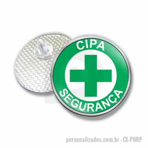 Broche personalizado - Broche produzido em metal fundido ZAMAC, com recorte padrão círcular,  com personalização em etiqueta resinada