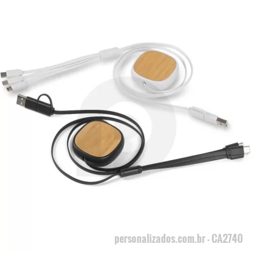 Cabo Retrátil personalizado - Cabo carregador USB rápido multifuncional de bambu ecológico 3 em 1 contendo:  Entrada Lightning;  Micro USB;  USB-C;