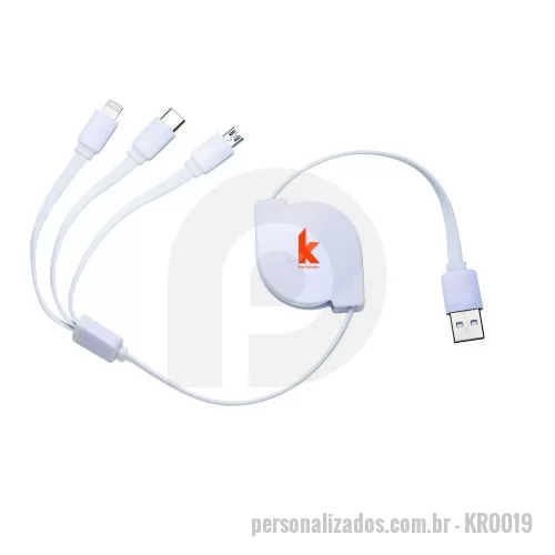 Cabo USB personalizado - Cabo USB retrátil com as entradas Lightning/iPhone, V8/Android e Tipo-C/Android. Suporte com rolamento e trava automática.