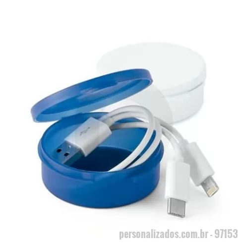 Cabo USB personalizado - Cabo USB 3 em 1 em ABS e PVC. Adequado para carregar dispositivos móveis. Dispõe de um conector USB tipo C e um conector 2 em 1, compatível com entradas micro USB e sistema operacional iOS. Fornecido em caixa de PP. Caixa: ø53 x 20 mm