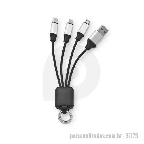 Cabo USB personalizado - Cabo USB de carregamento rápido 4 em 1 com corpo em PET 100% reciclado (100% rPET). Contém uma porta de USB-A de entrada e uma USB-C, uma micro-USB e uma lightning de saída. Adequado para carregar smartphones. Fornecido em caixa presente de papel Kraft. 100 x 40 mm | Caixa: 70 x 19 x 165 mm