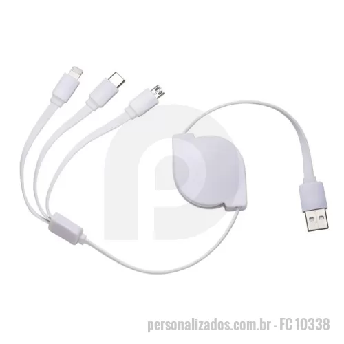 Cabo USB personalizado - Cabo USB retrátil com as entradas Lightning/iPhone, V8/Android e Tipo-C/Android. Suporte com rolamento e trava automática. Suporte com frente lisa e parte traseira com área para aplicação de adesivo ou etiqueta resinada.