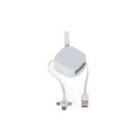 Cabo USB retrátil com níveis de ajuste e extensão máxima de 1,15 metro. Possui uma ponta com saída tripla USB-C, Micro USB e Lightning e outra com conexão USB-A. Conta ainda com suporte lateral para smartphones e alça em couro sintético para transporte.   Obs.: O cabo USB-C possui compatibilidade para transferência de dados somente com dispositivos Android.  Altura :  5,6 cm  Largura :  5,6 cm  Comprimento :  cabo: 116,2 cm  Espessura :  2,5 cm
