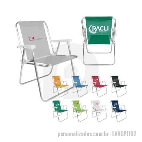 Cadeira de praia personalizada - Cadeira Alta de Praia Dobrável 1 posição ( 1102 ) acento e encosto integrado e confortável, produzida com tubos de alumínio 3/4 de 19,5 mm de diâmetro x 1 mm de espessura, tecido do acento e encosto em sanet com bainhas duplas ( fios de polipropileno com revestimento de PVC de alta durabilidade e disponível em cores básicas ou especiais sob consulta com acabamento em solda eletrônica anti desfiamento ( dispensa costuras ) resistente ao sol e a água do mar com proteção UV, anti mofo e tem toque emborrachado, articulações deslizantes, braços com encosto anatômico de apoio e ponteiras de acabamento em polipropileno injetados de cor branca, pinos e rebites de fixação zincados p/ evitar oxidação, é de fácil limpeza e são embaladas individualmente em saco plástico. 