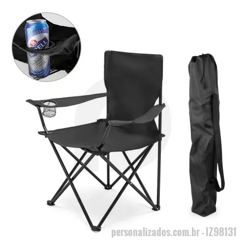 Cadeira de praia personalizada - Cadeira em 600D dobrável com suporte em rede para squeeze. Construção em metal que suporta até 100 kg. Fornecida em bolsa com alça. Aberta: 520 x 520 x 830 mm | Dobrada: 800 x 110 mm