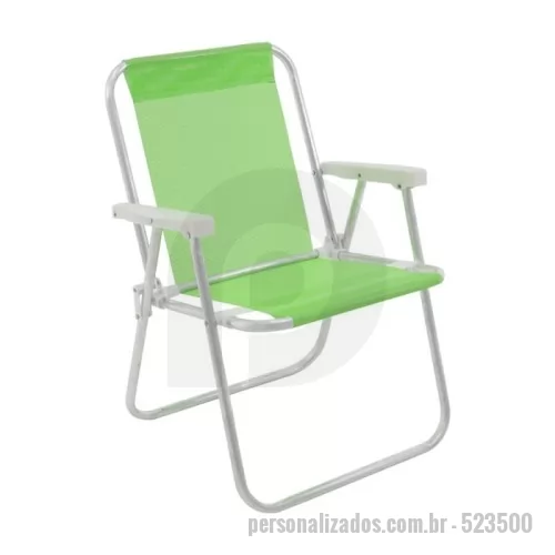 Cadeira de praia personalizada - 	Cadeira Alta em Alumínio. Tela 100% Poliéster com revestimento em PVC. Estrutura em Alumínio. Apoios de braço em Polipropileno. Dobrável. Leve e fácil de transportar. Mais praticidade e conforto. Caixa master com 9 unidades.  Peso Suportado da Cadeira: 110 kg Medidas da Cadeira: 54 cm x 53 cm x 71 cm Altura do Assento: 35 cm Estrutura: Alumínio Apoio para os Braços: Sim Dobrável: Sim