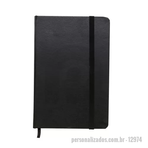 Caderneta personalizada -  Caderneta brochura tipo moleskine com capa dura e marca página de cetim, contém aproximadamente 80 folhas amareladas com pauta.