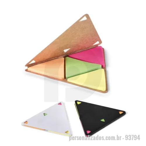 Caderneta personalizada - 4 blocos adesivados triangulares com 25 folhas cada e com capa em cartão. 91 x 91 mm