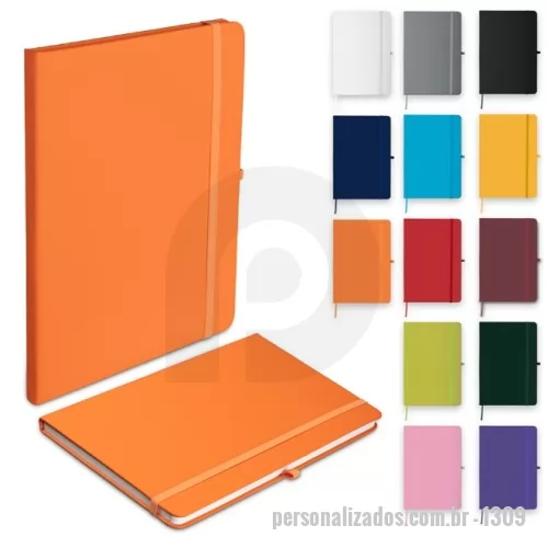 Caderneta personalizada - Caderno de anotações com elástico no tamanho A5, suporte para caneta, capa dura em material sintético, miolo 80 folhas pautadas na cor bege.