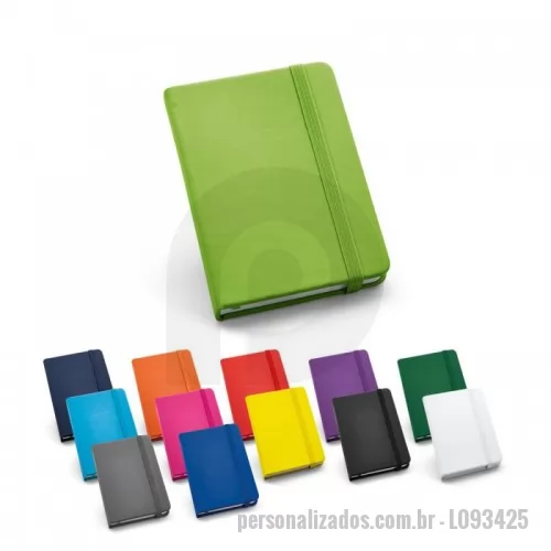 Caderno Capa Dura personalizado - Caderno de bolso com 80 folhas não pautadas, capa dura em c. sintético, fita separadora e elástico. 90 x 140 mm(Gravação SilK e UV)