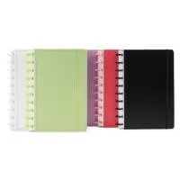 Descrição: Caderno capa dura em papelão, com elástico para fechamento e encadernação em discos plásticos reposicionáveis, que permitem acrescentar ou remover folhas compatíveis com facilidade. Conta com aproximadamente 80 folhas brancas pautadas.  Largura :  19 cm  Espessura :  2,4 cm  Comprimento :  26 cm