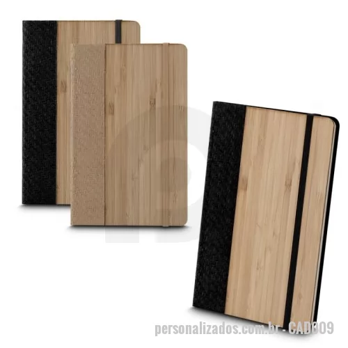 Caderno ecológico personalizado - Caderno de anotações, capa em fibra de bambu com elástico e miolo com 80 folhas pautadas na cor bege.