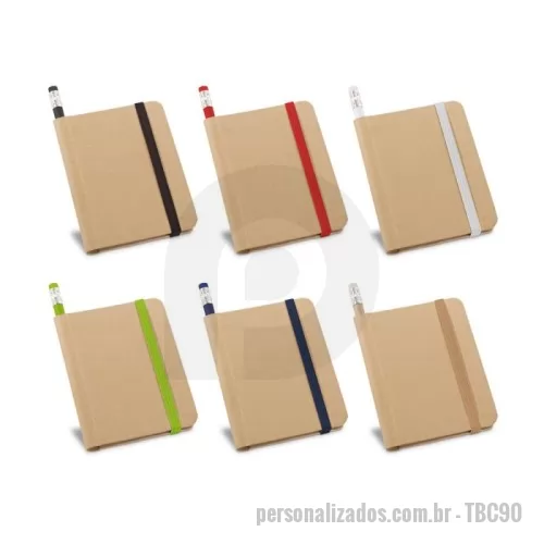 Caderno ecológico personalizado - Caderno A7 de capa dura em cartão, 70 folhas lisas em papel reciclado e elástico. Incluso lápis com borracha na ponta