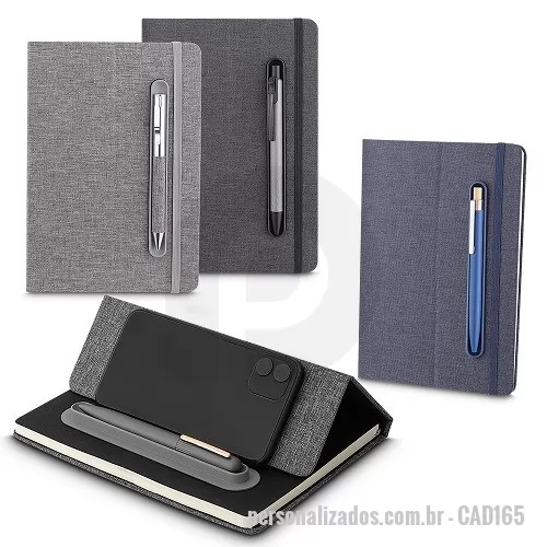 Caderno personalizado - Caderno produzido com capa em tecido RPET e suporte para caneta, capa dobrável para suporte de smartphone, miolo com 80 folhas pautadas.  *Não acompanha caneta.