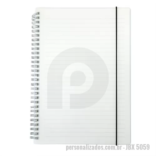 Caderno personalizado - Caderno com capa plástica e elástico para lacre, contém aproximadamente 80 folhas marfim com pauta.