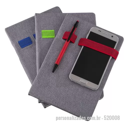 Caderno personalizado - Caderno de anotações com elástico, suporte para celular e caneta, capa dura em material sintético, miolo 80 folhas pautadas na cor bege, NÃO ACOMPANHA CANETA E SMARTPHONE