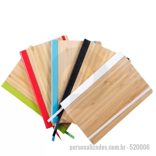 Caderno personalizado - Caderno de anotações, capa de bambu e PU com elástico e miolo com 70 folhas.