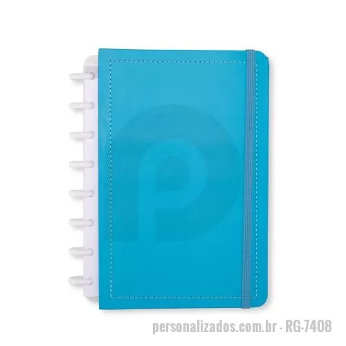 Caderno personalizado - Caderno de disco capa dura em couchê, elástico, 8 discos plásticos reposicionáveis. ~80 folhas offset pautadas.