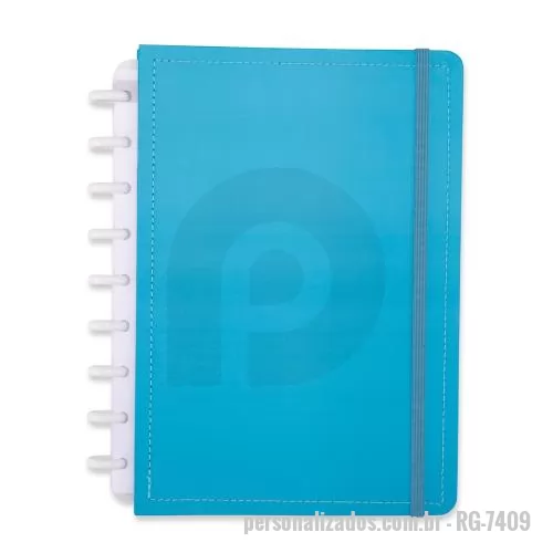 Caderno personalizado - Caderno de disco capa dura em couchê, elástico, discos plásticos reposicionáveis. ~79 folhas pautadas.