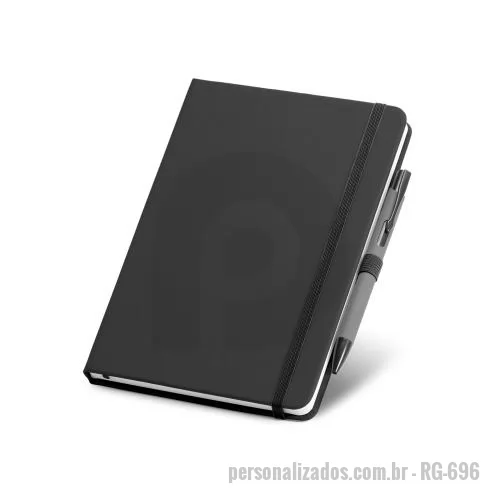 Caderno personalizado - Conjunto de caderno A5 e caneta esferográfica. Caderno de capa dura em c. sintético, 160 páginas lisas. Fornecido com caixa presente em PP com elástico.