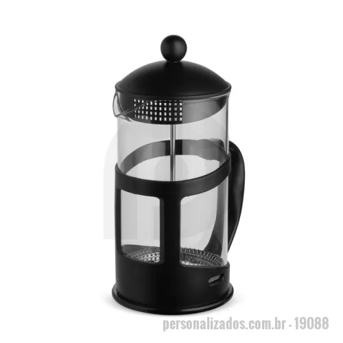 Cafeteira personalizada - Cafeteira tipo prensa francesa em vidro com capacidade para até 1 litro, além de alça e detalhes em plástico. Possui tampa em plástico com êmbolo e tela em inox.  Altura :  23 cm  Largura :  14 cm