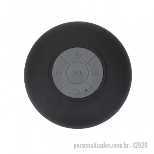 Caixa de som a prova d água personalizada - Caixa de Som Multimídia à prova D’Água emborrachada com ventosa(pode ser removida). Possui play/pause no centro e botão com desenho de telefone deve ser apertado para atender ligações. Compátivel com Iphone, Ipad, Ipod, aparelhos de celular e tablets. Acompanha cabo.
