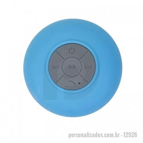 Caixa de som a prova d água personalizada - Caixa de Som Multimídia à prova D’Água emborrachada com ventosa(pode ser removida). Possui play/pause no centro e botão com desenho de telefone deve ser apertado para atender ligações. Compátivel com Iphone, Ipad, Ipod, aparelhos de celular e tablets. Acompanha cabo.