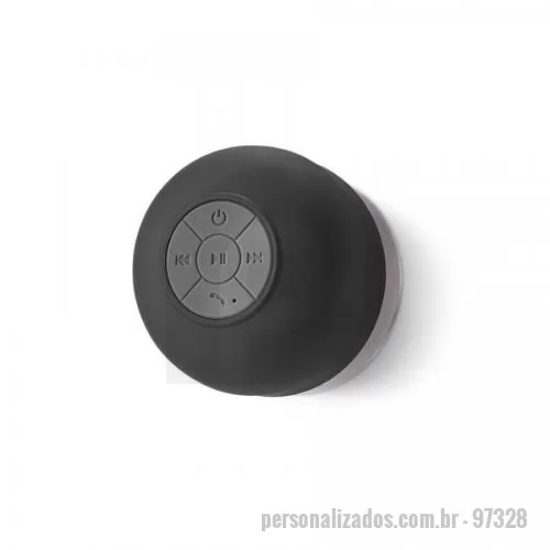 Caixa de som a prova d água personalizada - Caixa de som à prova de água. ABS. Acabamento emborrachado. Com transmissão por bluetooth e 3W/4?. Autonomia até 3 h. Função para atender chamadas, controle de volume e conexão à playlist do dispositivo móvel. Com ventosa. Incluso cabo USB para carre