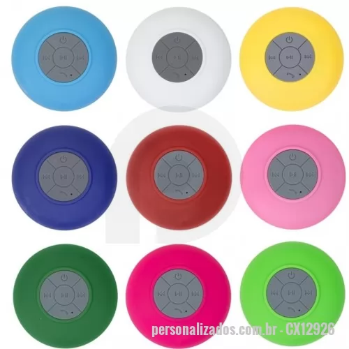 Caixa de som a prova d água personalizada - Caixa de som a prova d água Personalizada - CX12926 - Caixa de Som Multimídia à prova D’Água emborrachada com ventosa(pode ser removida). Possui play/pause no centro e botão com desenho de telefone deve ser apertado para atender ligações. Compátivel com Iphone, Ipad, Ipod, aparelhos de celular e tablets. Acompanha cabo. - 153973 - Caixa de som a prova d água