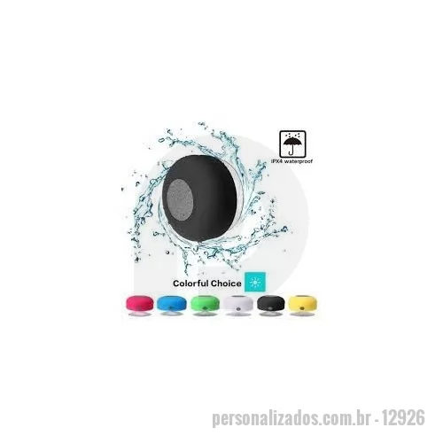 Caixa de som a prova d água personalizada - Caixa de Som Multimídia à prova D’Água emborrachada com ventosa(pode ser removida). Possui play/pause no centro e botão com desenho de telefone deve ser apertado para atender ligações. Compátivel com Iphone, Ipad, Ipod, aparelhos de celular e tablets. Acompanha cabo.  Altura :  8,5cm  Largura :  8,5 cm  Espessura :  4,9 cm  Medidas aproximadas para gravação (CxL):  2 cm x 4 cm  Peso aproximado (g):  109
