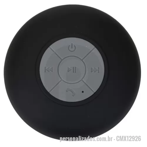 Caixa de som a prova d água personalizada - Caixa de Som Multimídia à prova D’Água emborrachada com ventosa(pode ser removida). Possui play/pause no centro e botão com desenho de telefone deve ser apertado para atender ligações. Compátivel com Iphone, Ipad, Ipod, aparelhos de celular e tablets. Acompanha cabo.