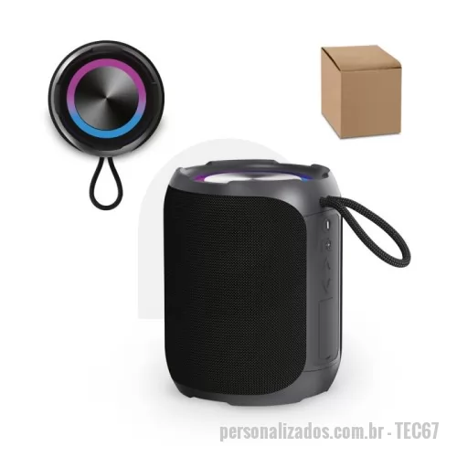 Caixa de som a prova d água personalizada - Caixa de som em ABS 100% reciclado à prova de água com classificação IPX6. A capacidade da bateria é de 2.600 mAh, com autonomia, aproximadamente, de 6h. Com 30W (2 x 15W) de potência sonora, transmissão BT 5.3, leitor microSD e entrada de áudio AUX. Incluso cabo de carregamento USB-C e cabo Jack 3.5 mm. Possibilidade de emparelhar duas caixas de som Avicenna para efeito stereo. Fornecido em caixa presente de papel kraft reciclado.