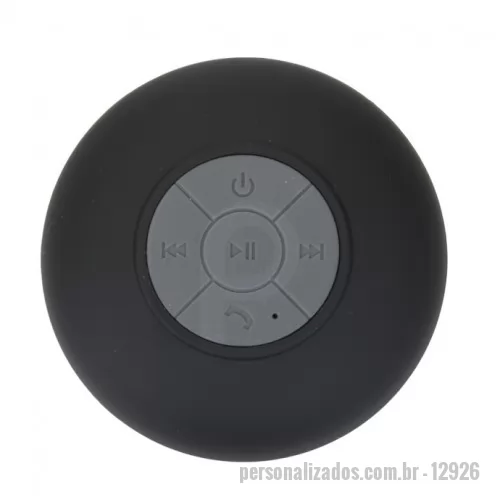 Caixa de som a prova d água personalizada - Caixa de som à prova dágua emborracha com ventosa(pode ser removida). Versão do bluetooth 3.0/EDR, alcance de 10 metros, auto falante de 45MM, frequência 2.4G Hz, fonte de energia DC5V/100-120 mA, bateria lithium 3.7V 400mAh, carga necessária de aproximadamente 2 horas e dura cerca de 5 horas ligada. Para carregar basta conectar ao usb ou energia(necessário ter adaptador) e uma luz vermelha irá acender sobre o botão on/off, quando carregada completa a luz se apagará. Para ligar basta segurar o botão on/off em torno de 6 segundos e uma luz azul irá acender sobre o botão, para trocar músicas apertar os botões voltar/avançar(que também serve para aumentar o volume, basta segurar o botão). Possui play/pause no centro e botão com desenho de telefone deve ser apertado para atender ligações. Compátivel com Iphone, Ipad, Ipod, aparelhos de celular e tablets. Acompanha cabo.