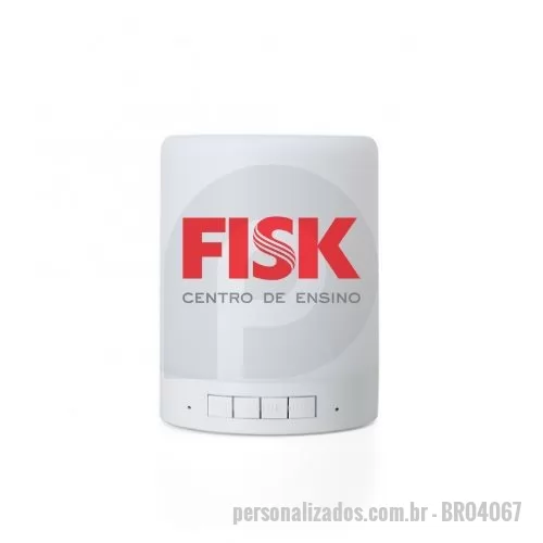 Caixa de Som com Bluetooth personalizada -  Caixa de som multimídia com luzes. Material plástico resistente na cor branca fosca, parte superior com falante e sensor touch para troca de luzes. Parte inferior branca leitosa, base com EVA antideslizante e alça de alumínio para transporte. A caixinha executa nos modos Bluetooth, rádio FM, auxiliar e cartão TF (MicroSD). Acompanha cabo USB e cabo Auxiliar (P2).