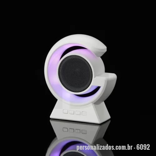 Caixa de Som com Bluetooth personalizada - Caixa de som com luminária. Possui 8 modos de iluminação, opera nos modos bluetooth, rádio FM e TF (cartão MicroSD).