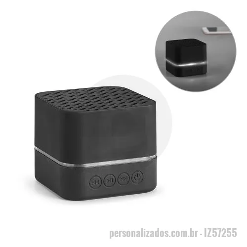 Caixa de Som com Bluetooth personalizada - Caixa de som portátil, com luz LED no interior, em ABS e acabamento emborrachado. (personalizável com logótipo iluminado). Transmissão sem fios BT v4.2 e potência de 3W (4?). Bateria com 300 mAh e autonomia aproximada de 2h. Incluso cabo 2 em 1: USB 