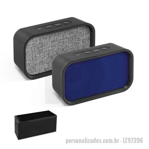 Caixa de Som com Bluetooth personalizada - Caixa de som portátil com microfone, em ABS, tecido em poliéster e acabamento emborrachado. Possui transmissão sem fios BT v4.2, potência de 3W/4?, ligação stereo 3,5 mm, leitor de cartões TF. A coluna tem autonomia, aproximada, de 2h. Função para at