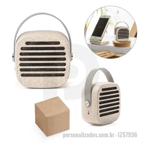 Caixa de Som com Bluetooth personalizada - Caixa de som portátil em fibra de palha de trigo e ABS, com alça em silicone para facilitar o transporte. Possui transmissão sem fios BT v5.0, potência de 3W, bateria com 500 mAh e autonomia, aproximada, de 4h30. Incluso cabo USB. Fornecido em caixa 