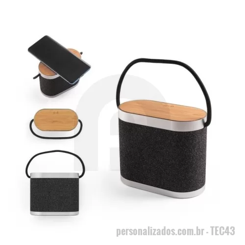 Caixa de Som com Bluetooth personalizada - Caixa de som em bambu e poliéster 100% reciclado (rPET), com carregador por indução (wireless) na parte superior.