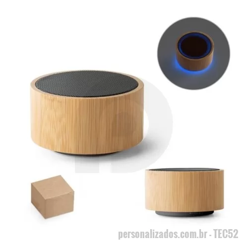 Caixa de Som com Bluetooth personalizada - Caixa de som em bambu e abs. Possui transmissão sem fios bt v5.0 para se conectar ao seu dispositivo móvel. Tem bateria com potência de 3w e capacidade até 300 mah que permite autonomia aproximada de 2 horas. Fornecido em caixa presente de papel kraft.