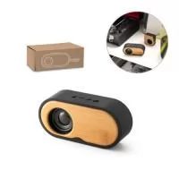 Caixa de som portátil em abs reciclado e bambu. Com potência de 3w e transmissão por bluetooth 5.0 e função de rádio. Tempo de reprodução até 5h com uma bateria de 1200 mah. Fornecido em caixa presente de papel craft.