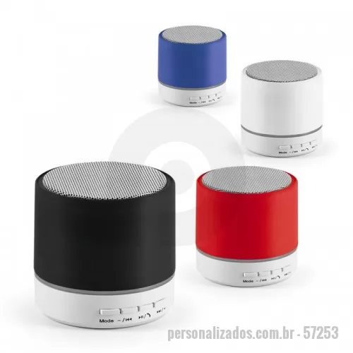 Caixa de som personalizada - Caixa de som com microfone em ABS e acabamento emborrachado. Transmissão por bluetooth e leitor de cartões TF. Com 3W/4? e autonomia até 2h. Função para atender chamadas, controle de volume e conexão à playlist do dispositivo móvel. Incluso cabo USB/micro USB para carregar. ø59 x 55 mm