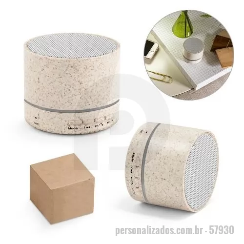 Caixa de som personalizada - Caixa de som portátil em fibra de palha de trigo e ABS com microfone. Potência de 3W e transmissão por bluetooth 5.0. Com tempo de reprodução de 2 horas e uma bateria de 300 mAh. Incluso cabo micro USB. Fornecido em caixa de oferta em papel kraft. 