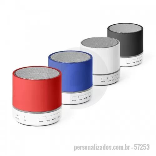 Caixa de som personalizada - Caixa de som com microfone em ABS e acabamento emborrachado. Transmissão por bluetooth e leitor de cartões TF. Com 3W/4? e autonomia até 2h. Função para atender chamadas, controle de volume e conexão à playlist do dispositivo móvel. Incluso cabo USB / micro USB para carregar.