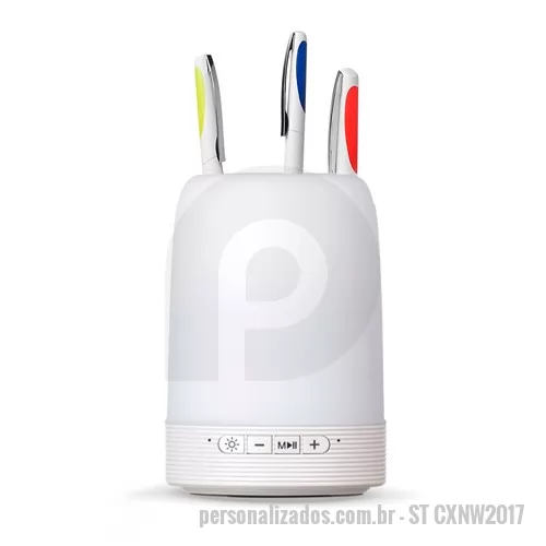 Caixa de som personalizada - Caixa de Som Personalizada para PC, Com design que une porta canetas e suporte para celular, a caixa de som personalizada para PC conta com microfone, entrada para cartão SD, base com luz colorida e conexão com PCs, tablets e celulares. Brinde ideal 