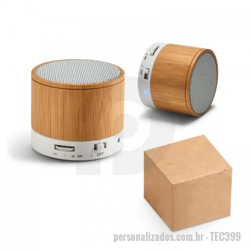 Caixa de som personalizada - Caixa de som com microfone. Bambu. Com transmissão por bluetooth, ligação stereo 3,5 mm e leitor de cartões TF. Autonomia até 3h. Capacidade: 300mAh. Função para atender chamadas, controle de volume, conexão à playlist do dispositivo móvel e rádio FM. Incluso cabo USB/micro USB para carregar. Fornecida em caixa presente kraft. ø60 x 52 mm