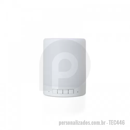 Caixa de som personalizada - Caixa de som multimídia com luzes. Material plástico resistente na cor branca fosca, parte superior com falante e sensor touch para troca de luzes. Parte inferior branca leitosa, base com EVA antideslizante e alça de alumínio para transporte. A caixinha executa nos modos Bluetooth, rádio FM, auxiliar e cartão TF (MicroSD). Acompanha cabo USB e cabo Auxiliar (P2)